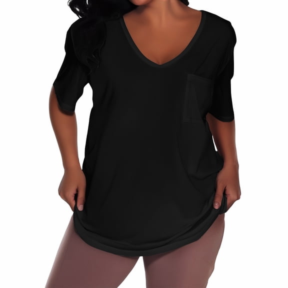 WTOBBY Women's Plus Size Casual Solid Color V-Neck Short Sleeve Pocket T-Shirt Top, Comfortable and Versatile Fit for Everyday Summer Wear,Black 4XL