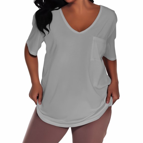 WTOBBY Women's Plus Size Casual Solid Color V-Neck Short Sleeve Pocket T-Shirt Top, Comfortable and Versatile Fit for Everyday Summer Wear,Gray 4XL