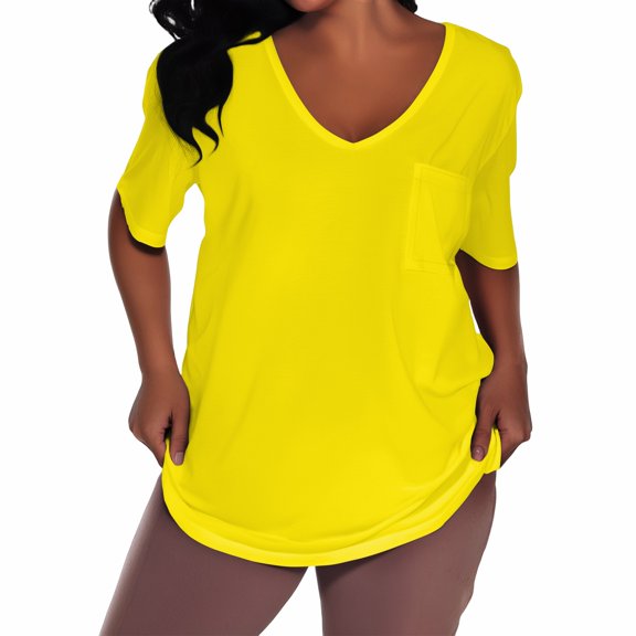 WTOBBY Women's Plus Size Casual Solid Color V-Neck Short Sleeve Pocket T-Shirt Top, Comfortable and Versatile Fit for Everyday Summer Wear,Yellow 4XL