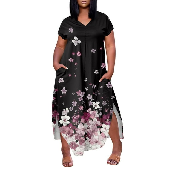 WTOBBY Women's Plus Size Floral Dress, Stylish Short Sleeve V-Neck High Slit Casual Tunic for Summer Evening Outings Date Nights and Special Dinners,Dark Gray L
