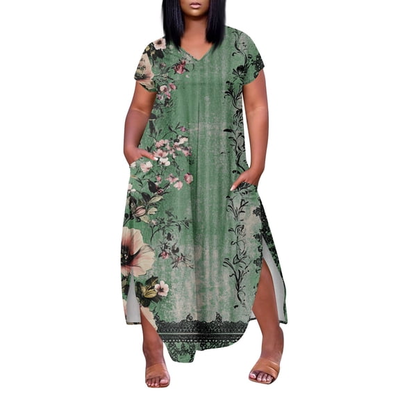 WTOBBY Women's Plus Size Floral Dress, Stylish Short Sleeve V-Neck High Slit Casual Tunic for Summer Evening Outings Date Nights and Special Dinners,Dark Green 2XL