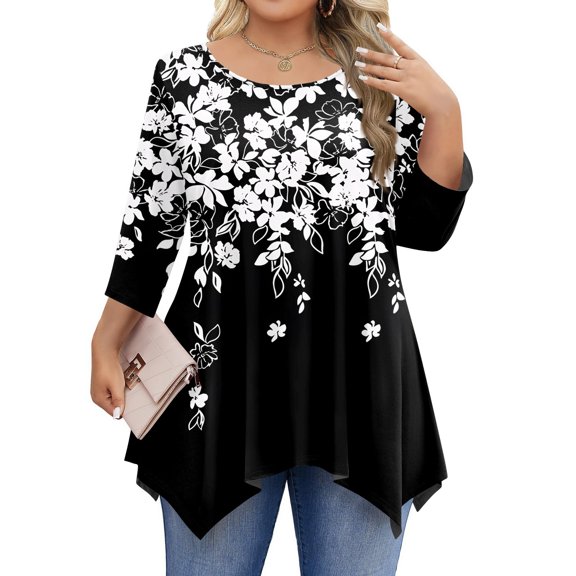 WTOBBY Women's Plus Size Floral Print 3/4 Sleeve Round Neck Tunic Top Loose Fit Tee for Full Figure Comfort and Fall Seasonal Fashion,Black 3XL