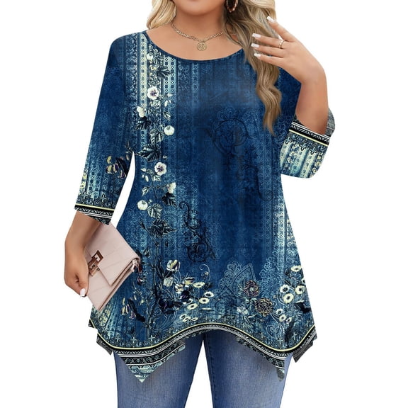 WTOBBY Women's Plus Size Floral Print 3/4 Sleeve Round Neck Tunic Top Loose Fit Tee for Full Figure Comfort and Fall Seasonal Fashion,Dark Blue 3XL
