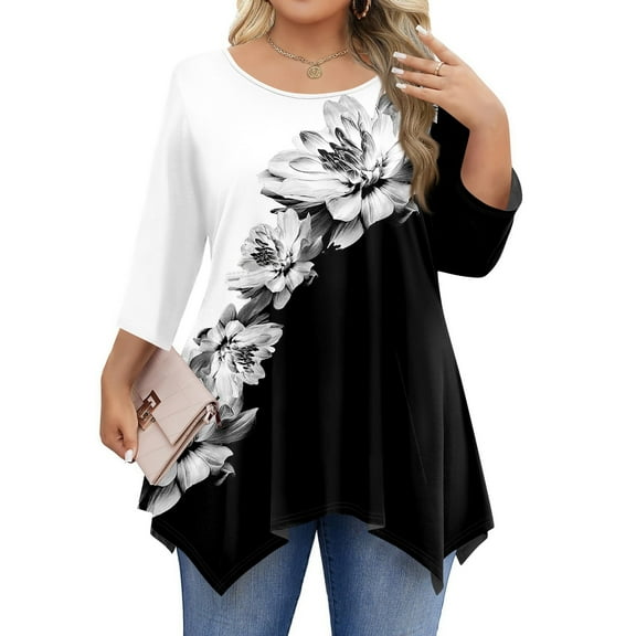 WTOBBY Women's Plus Size Floral Print 3/4 Sleeve Round Neck Tunic Top Loose Fit Tee for Full Figure Comfort and Fall Seasonal Fashion,Gray L