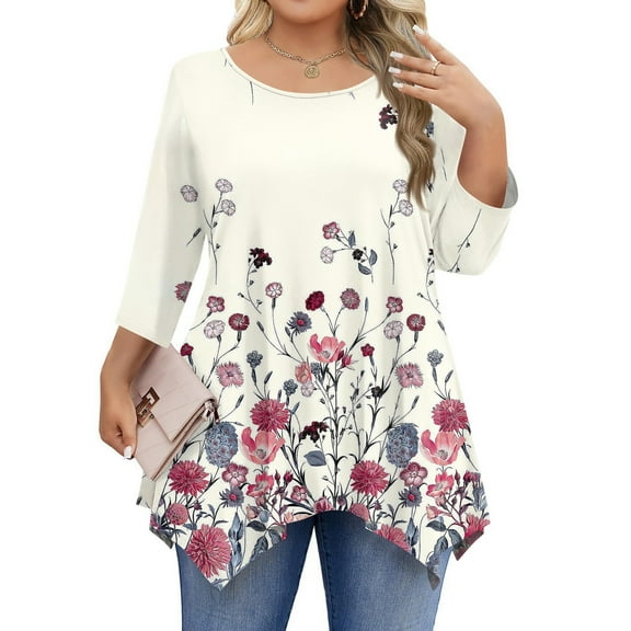 WTOBBY Women's Plus Size Floral Print 3/4 Sleeve Round Neck Tunic Top Loose Fit Tee for Full Figure Comfort and Fall Seasonal Fashion,Pink 2XL