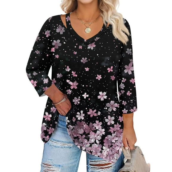 WTOBBY Women's Plus Size Floral Print Keyhole Top 3/4 Sleeve Flowy Tunic Casual V-Neck Shirt for Comfortable Everyday Style,Black 2XL