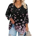 thumbnail image 1 of WTOBBY Women's Plus Size Floral Print Keyhole Top 3/4 Sleeve Flowy Tunic Casual V-Neck Shirt for Comfortable Everyday Style,Black L, 1 of 5