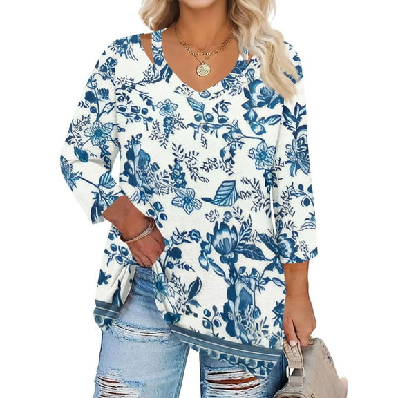 WTOBBY Women's Plus Size Floral Print Keyhole Top 3/4 Sleeve Flowy Tunic Casual V-Neck Shirt for Comfortable Everyday Style,Blue L
