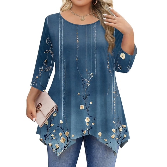 WTOBBY Women's Plus Size Floral Print Round Neck 3/4 Sleeve Tunic Top Loose Fit Casual Tee for Full Figure Fall Fashion Comfortable Wear,Dark Blue 4XL