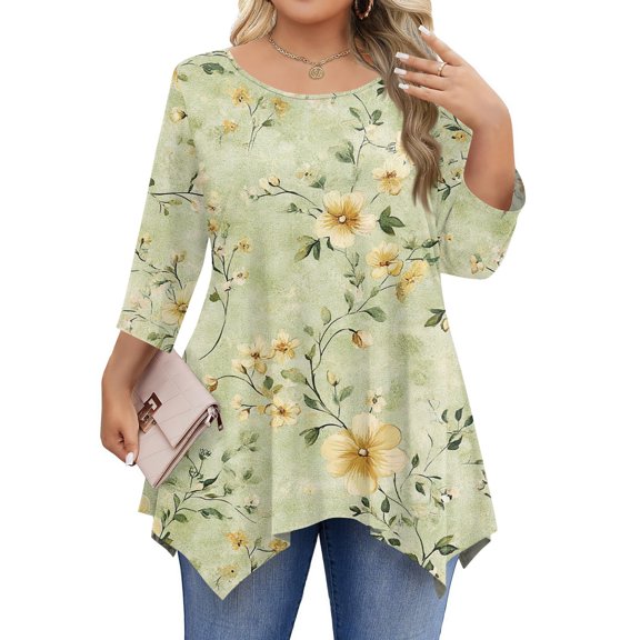 WTOBBY Women's Plus Size Floral Print Round Neck 3/4 Sleeve Tunic Top Loose Fit Casual Tee for Full Figure Fall Fashion Comfortable Wear,Light Green 3XL