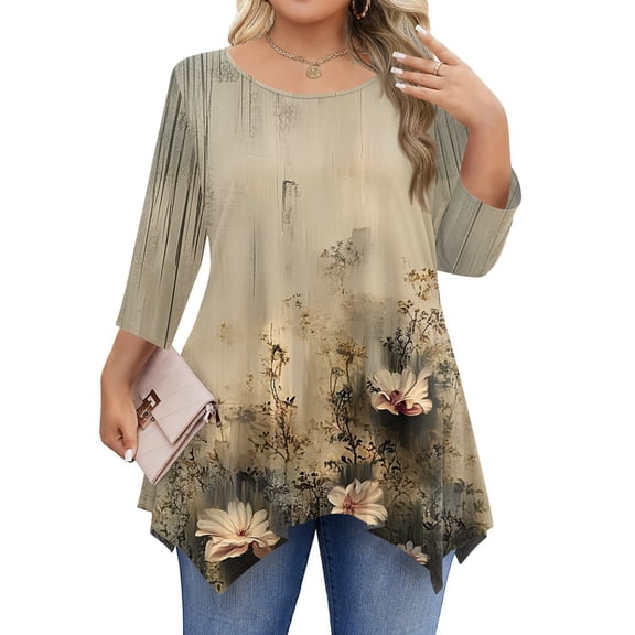WTOBBY Women's Plus Size Floral Print Round Neck 3/4 Sleeve Tunic Top Loose Fit Casual Tee for Full Figure Fall Fashion Comfortable Wear,Khaki L
