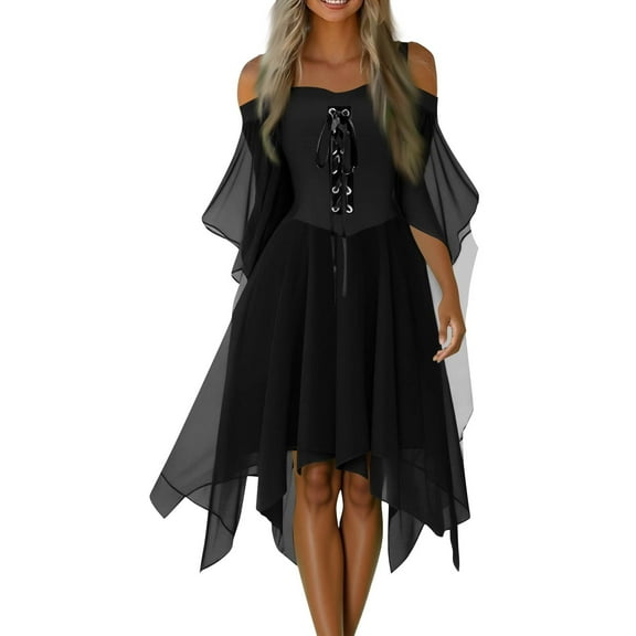 WTOBBY Women's Plus Size Gothic Halloween Party Dress with Cold Shoulder Design, Butterfly Sleeves, Irregular Hem, and Solid Color in Chiffon Fabric for Casual Wear ,Black L
