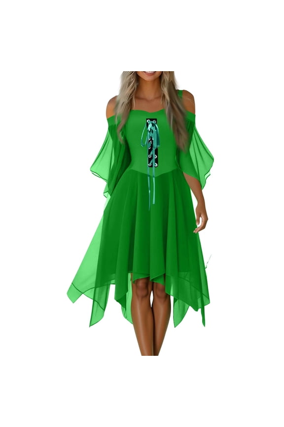 Women's Plus Size Gothic Halloween Party Dress with Cold Shoulder Design, Butterfly Sleeves, Irregular Hem, and Solid Color in Chiffon Fabric for Casual Wear ,Green XL