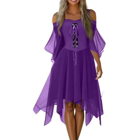 WTOBBY Women's Plus Size Gothic Halloween Party Dress with Cold Shoulder Design, Butterfly Sleeves, Irregular Hem, and Solid Color in Chiffon Fabric for Casual Wear ,Purple Pink S