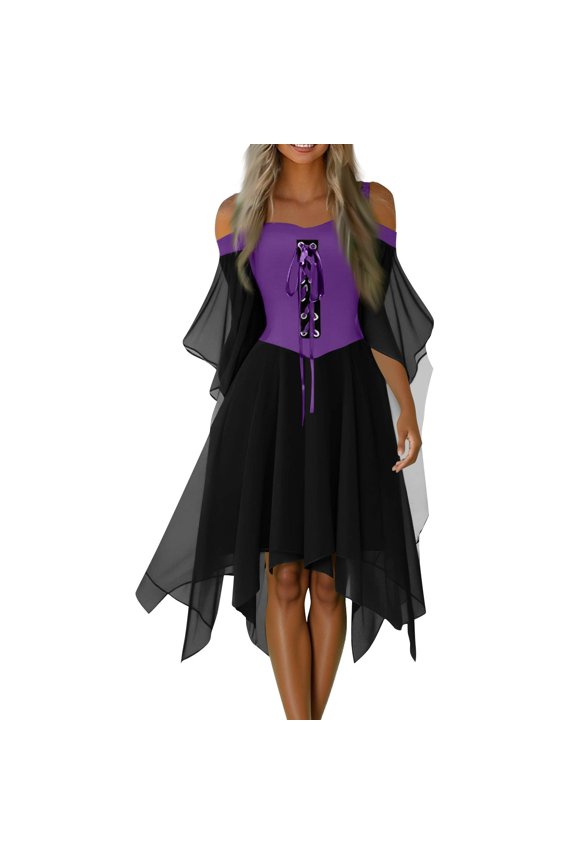Women's Plus Size Gothic Halloween Party Dress with Cold Shoulder Design, Butterfly Sleeves, Irregular Hem, and Solid Color in Chiffon Fabric for Casual Wear ,Purple L
