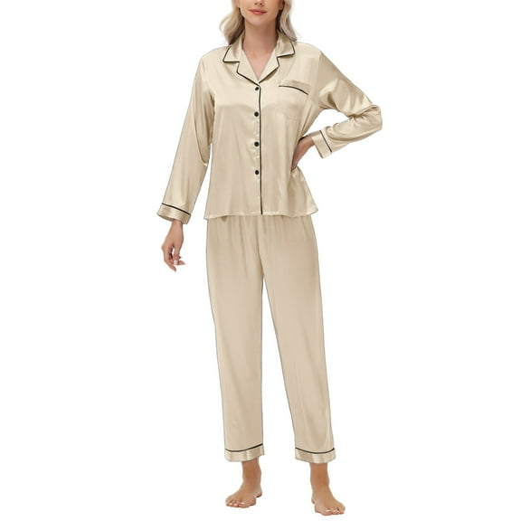 WTOBBY Women's Plus Size Ice Silk Satin Long Sleeve Long Pants Pajama Set, Soft Lightweight Loungewear for Home Relaxation and Sleep,Champagne M