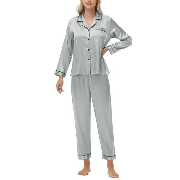 WTOBBY Women's Plus Size Ice Silk Satin Long Sleeve Long Pants Pajama Set, Soft Lightweight Loungewear for Home Relaxation and Sleep,Gray M