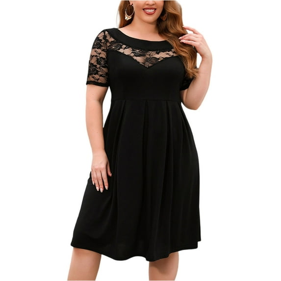 WTOBBY Women's Plus Size Lace Dress, Fashionable Solid Color Round Neck Short Sleeve Hollow-Out Vacation Midi for Beach Parties Resorts and Summer Events,Black 4XL
