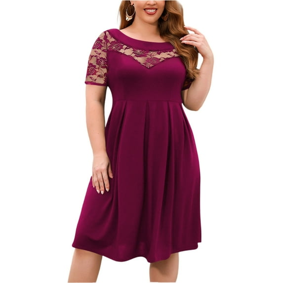 WTOBBY Women's Plus Size Lace Dress, Fashionable Solid Color Round Neck Short Sleeve Hollow-Out Vacation Midi for Beach Parties Resorts and Summer Events,Purple 4XL