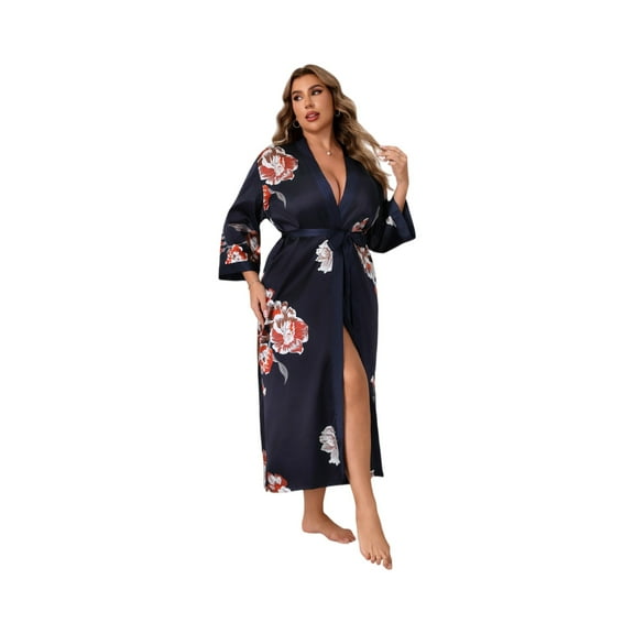 WTOBBY Women's Plus Size Lounge Robe 3X-6X Belted Kimono Long Sleeve Soft Cover Up Comfy Home Wear Sexy Nightwear Loungewear,Black 5XL