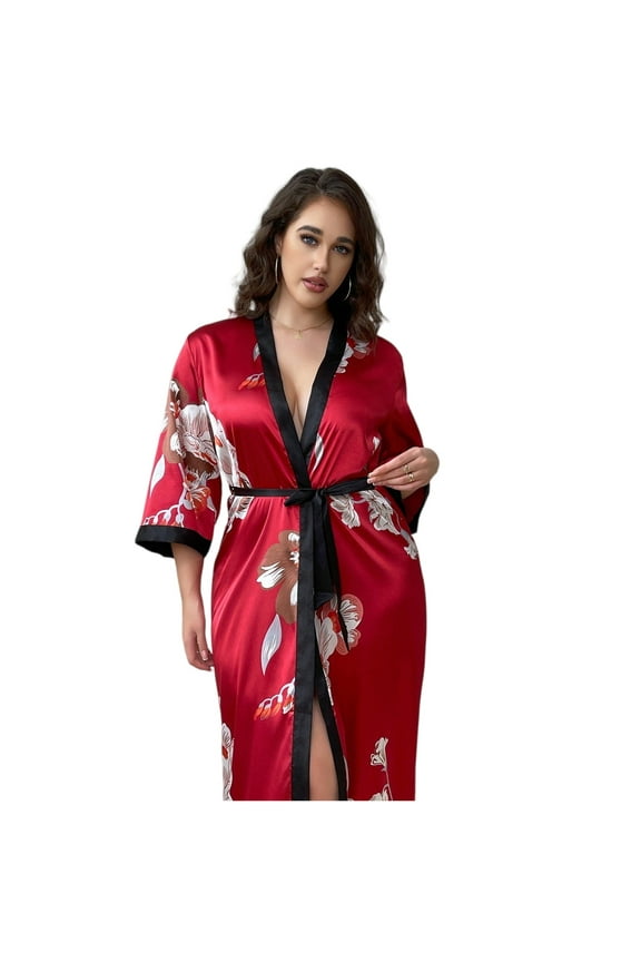 Women's Plus Size Lounge Robe 3X-6X Belted Kimono Long Sleeve Soft Cover Up Comfy Home Wear Sexy Nightwear Loungewear,Red 4XL