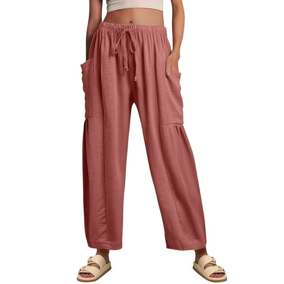 WTOBBY Women's Plus Size Mid-Rise Wide Leg Baggy Pants with Elastic Waist and Pockets, Summer Casual Trousers with Pleated Detail, Comfortable Fit,Watermelon Red XL