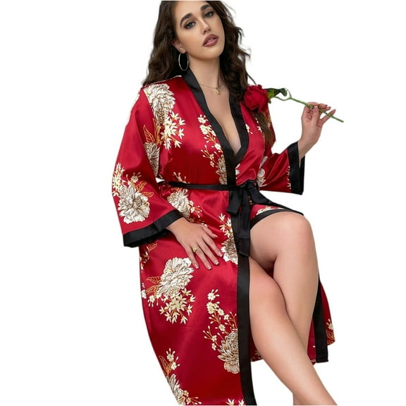 WTOBBY Women's Plus Size Nightwear Robe Flowy Comfortable Kimono Cover-Up for Loungewear and Sleepwear,Red 5XL