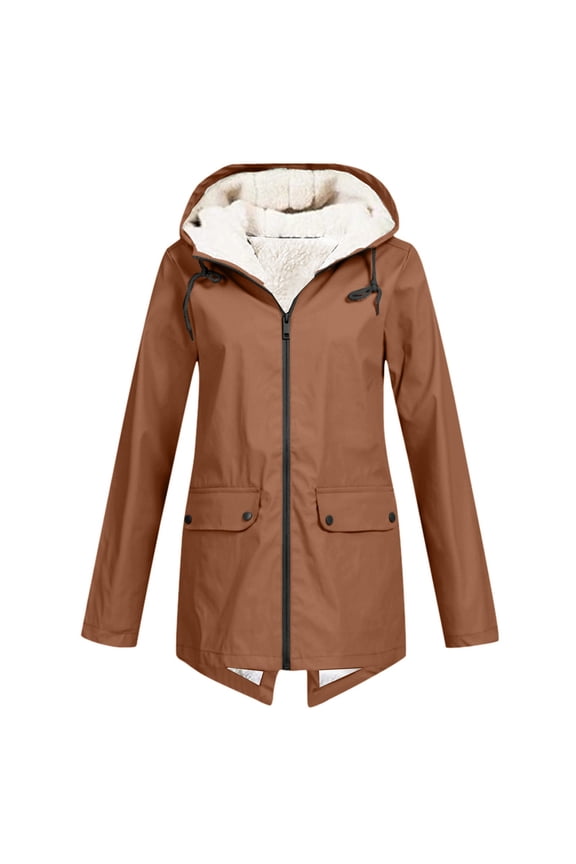 Women's Plus Size Plush Lined Rain Jacket - Waterproof Windproof Hooded Sun Protective Coat for Outdoor Activities and Winter Use ,Coffee 2XL