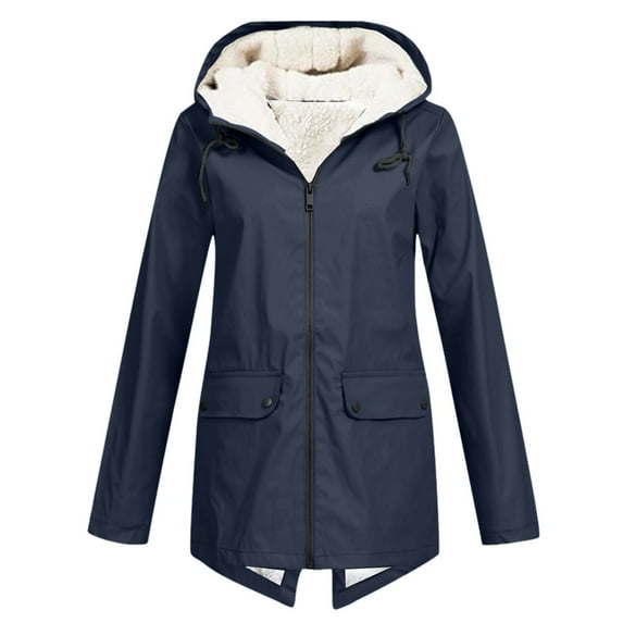 WTOBBY Women's Plus Size Plush Lined Rain Jacket - Waterproof Windproof Hooded Sun Protective Coat for Outdoor Activities and Winter Use ,Navy 2XL