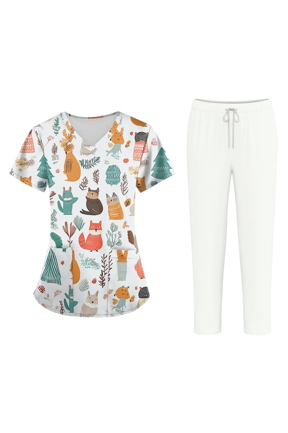 Women's Plus Size Short Sleeve Printed Scrubs Set with Pockets, V-Neck, Animal Floral Print, 2-Piece Nursing Uniform, Medical Workwear for Caregivers,Beige L