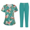 thumbnail image 1 of WTOBBY Women's Plus Size Short Sleeve Printed Scrubs Set with Pockets, V-Neck, Animal Floral Print, 2-Piece Nursing Uniform, Medical Workwear for Caregivers,Cyan M, 1 of 6