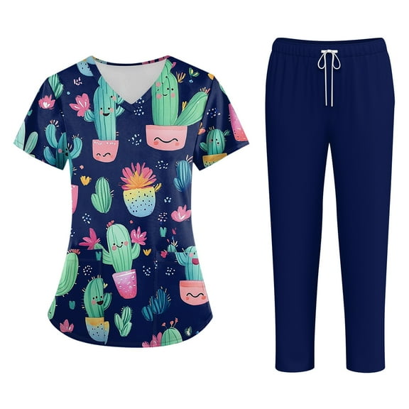 WTOBBY Women's Plus Size Short Sleeve Printed Scrubs Set with Pockets, V-Neck, Animal Floral Print, 2-Piece Nursing Uniform, Medical Workwear for Caregivers,Dark Blue L