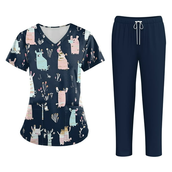 WTOBBY Women's Plus Size Short Sleeve Printed Scrubs Set with Pockets, V-Neck, Animal Floral Print, 2-Piece Nursing Uniform, Medical Workwear for Caregivers,Navy M