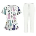 thumbnail image 1 of WTOBBY Women's Plus Size Short Sleeve Printed Scrubs Set with Pockets, V-Neck, Animal Floral Print, 2-Piece Nursing Uniform, Medical Workwear for Caregivers,White XL, 1 of 6