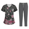 thumbnail image 1 of WTOBBY Women's Plus Size Short Sleeve Printed Scrubs Set with Pockets, V-Neck, Animal Floral Theme, 2-Piece Nursing Uniform, Medical Workwear for Caregivers,Gray M, 1 of 6