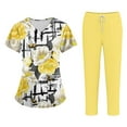 thumbnail image 1 of WTOBBY Women's Plus Size Short Sleeve Printed Scrubs Set with Pockets, V-Neck, Animal Floral Theme, 2-Piece Nursing Uniform, Medical Workwear for Caregivers,Yellow XL, 1 of 6