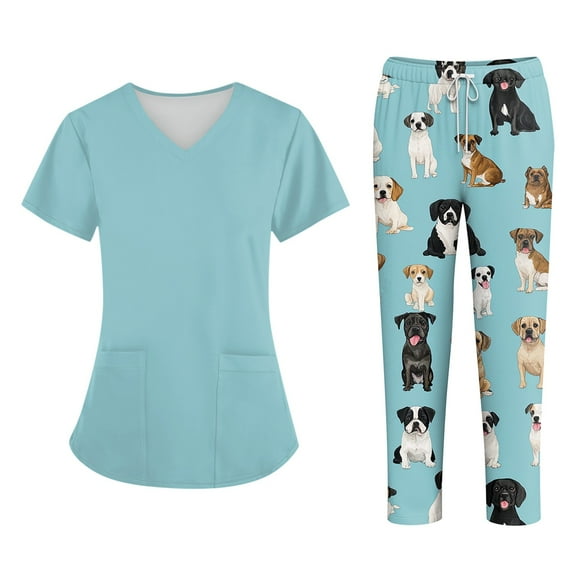 WTOBBY Women's Plus Size Short Sleeve Printed Scrubs Set with Pockets, V-Neck, Fun Floral Animal Design, 2-Piece Nursing Uniform, Medical Workwear for Caregivers,Light Blue 3XL