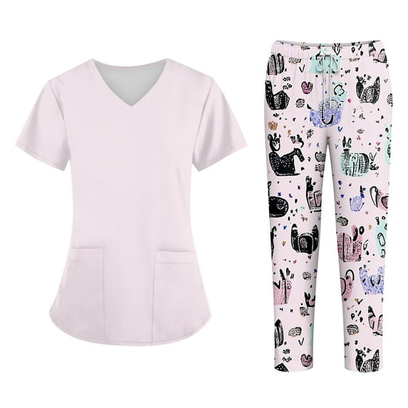 WTOBBY Women's Plus Size Short Sleeve Printed Scrubs Set with Pockets, V-Neck, Fun Floral Animal Design, 2-Piece Nursing Uniform, Medical Workwear for Caregivers,Pink S