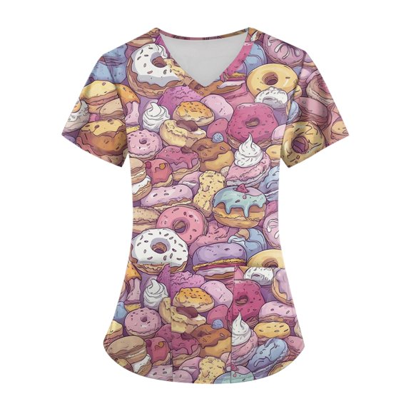 WTOBBY Women's Plus Size Short Sleeve Printed Scrubs Set, V-Neck with Pockets, Fun Animal Floral Print, 2-Piece Nursing Uniform, Medical Workwear for Healthcare Workers,Light pink 3XL