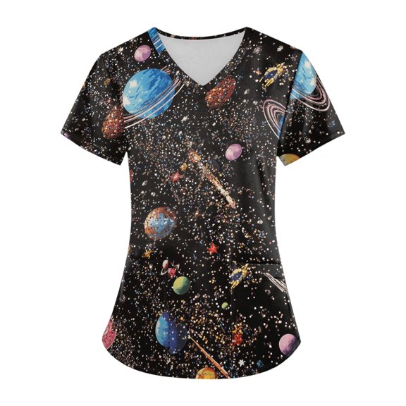 WTOBBY Women's Plus Size Short Sleeve Printed Scrubs Set, V-Neck with Pockets, Fun Animal Floral Print, 2-Piece Nursing Uniform, Medical Workwear for Healthcare Workers,Light Blue 2XL