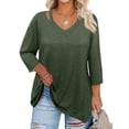 thumbnail image 1 of WTOBBY Women's Plus Size Solid Color Tunic Hollow V-Neck 3/4 Sleeve Shirt Casual Elegant Top with Flattering Loose Fit,Army Green L, 1 of 4