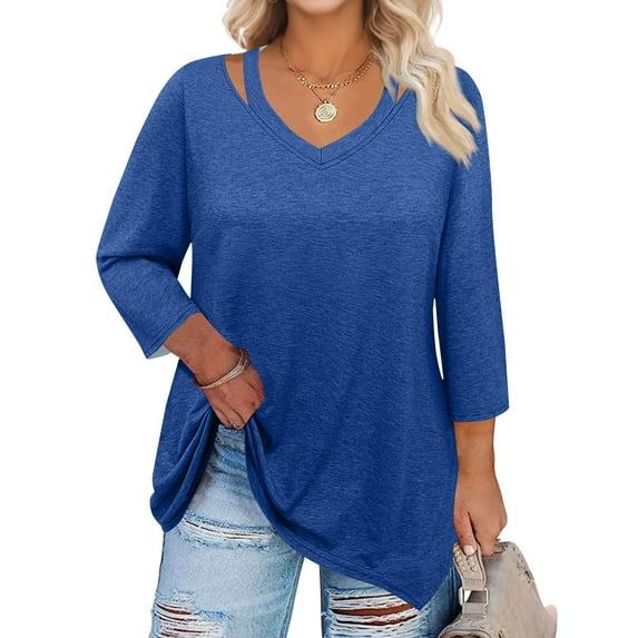 WTOBBY Women's Plus Size Solid Color Tunic Hollow V-Neck 3/4 Sleeve Shirt Casual Elegant Top with Flattering Loose Fit,Blue L