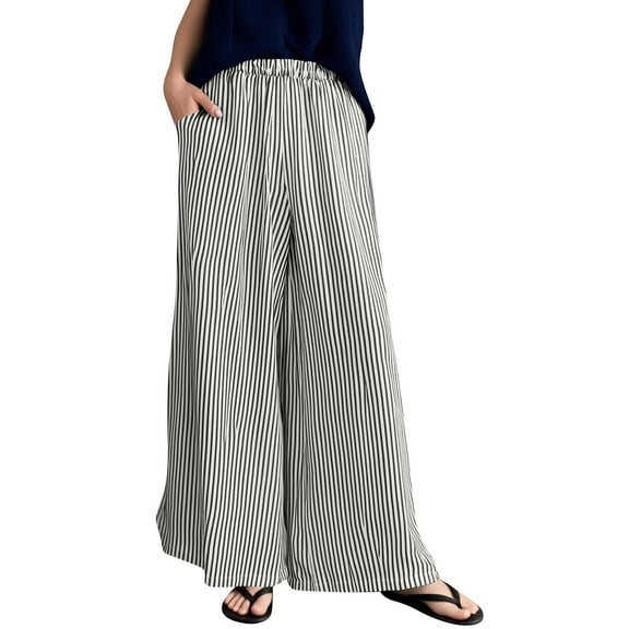 WTOBBY Women's Plus Size Striped Wide Leg Palazzo Pants Elastic High Waist Baggy Loose Long Trousers for Casual,Black S