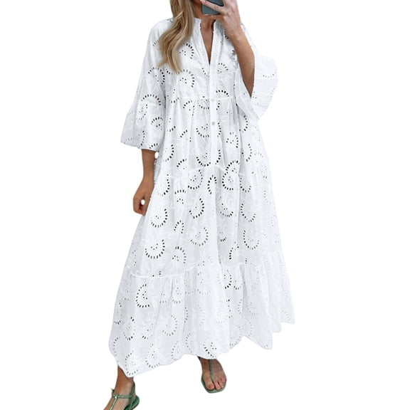 WTOBBY Women's Plus Size V-Neck Button Front Solid Color Maxi Dress, Flowy 3/4 Sleeve Lace Hollow Out Sexy Long Dress with A-Line Silhouette,White M
