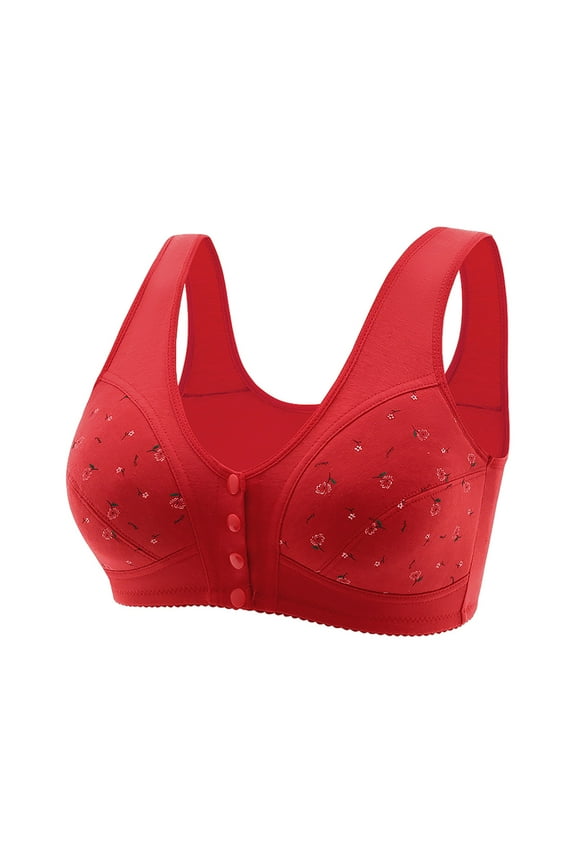 Women's Plus-Size Wire-Free Vest Bra Featuring Molded Cups with Decorative Print, Easy Front Snap and Wide Supportive Straps for Everyday Comfort,Red 52