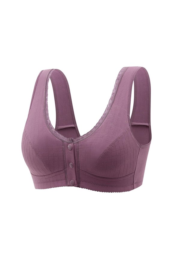 Women's Plus-Size Wire-Free Vest Bra Featuring Molded Cups and Decorative Print, Front Snap Closure and Wide Shoulder Straps for Comfortable Underwear,Purple 36
