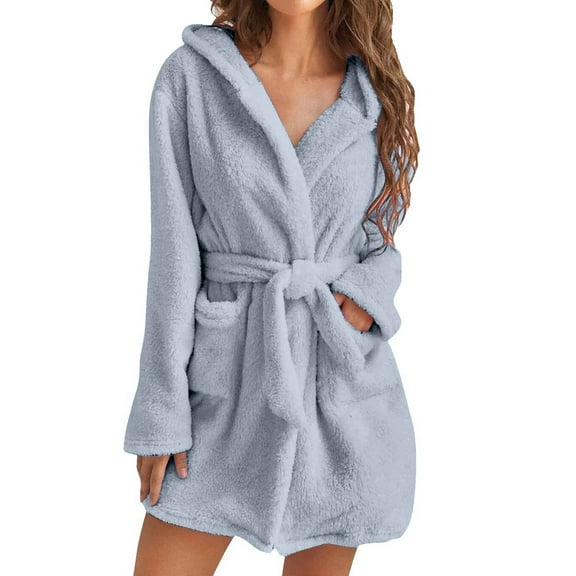 WTOBBY Women's Plush Hooded Bathrobe Solid Color Fleece Warm Robe Winter Loungewear Cozy Home Wear Sleep Cover Up Comfy Pajamas,Blue L