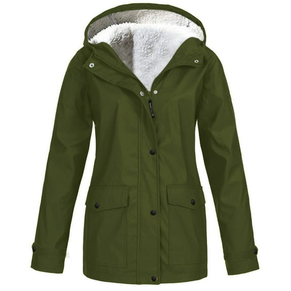 WTOBBY Women's Plush Lined Waterproof Jacket - Thickened Hooded Sun Protective Coat for Cold Weather Outdoor Activities and Winter Sports ,Army Green L