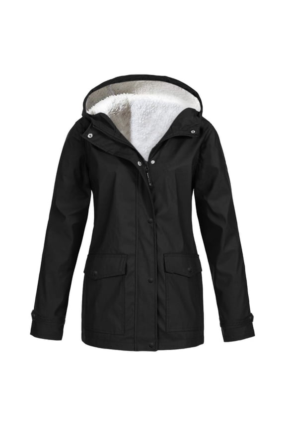 Women's Plush Lined Waterproof Jacket - Thickened Hooded Sun Protective Coat for Cold Weather Outdoor Activities and Winter Sports ,Black 3XL
