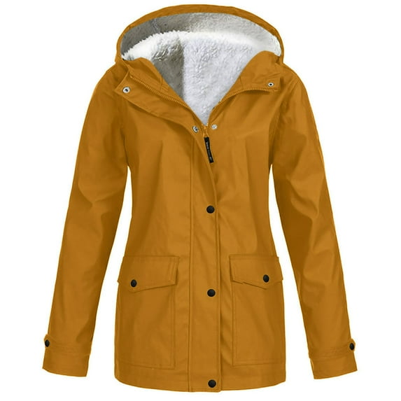 WTOBBY Women's Plush Lined Waterproof Jacket - Thickened Hooded Sun Protective Coat for Cold Weather Outdoor Activities and Winter Sports ,Orange 4XL
